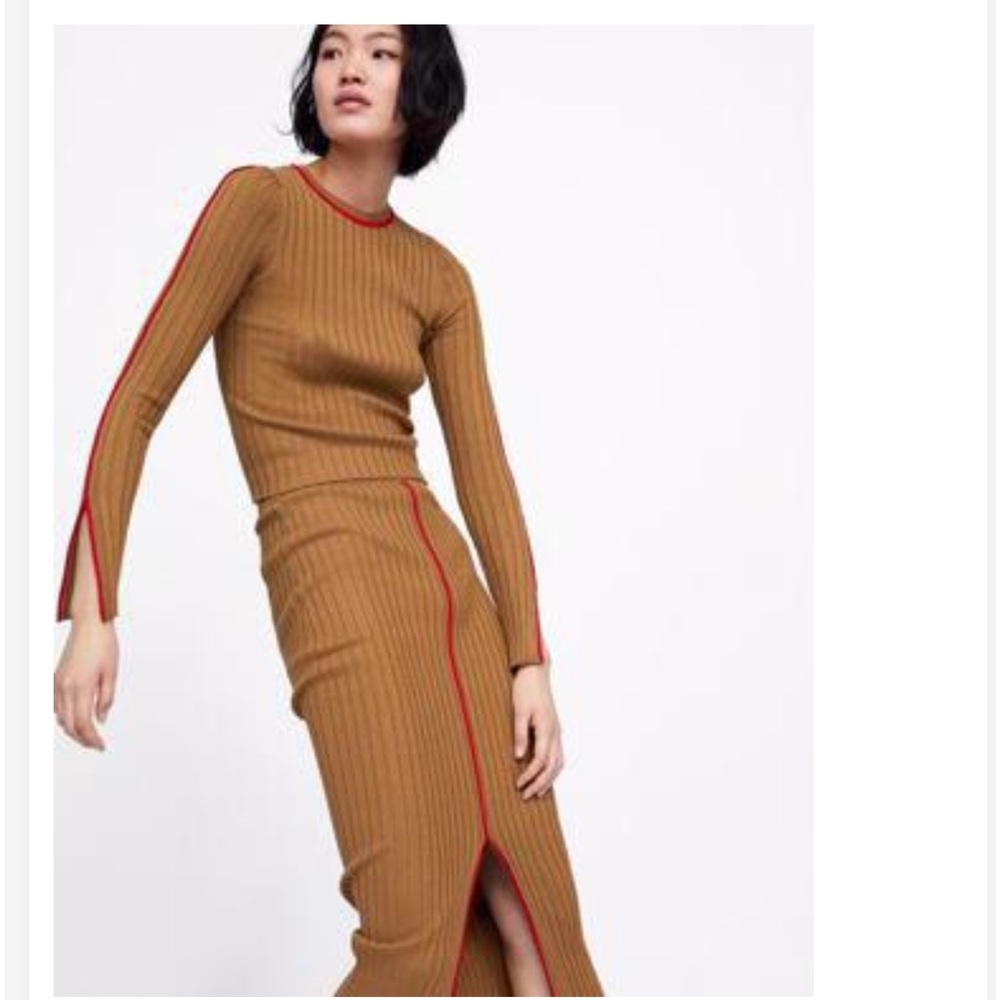 Zara NWT Ribbed Midi Skirt With Contrast Trim sz L